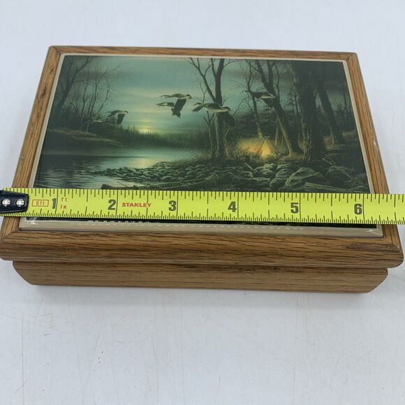 Vtg Wooden Trinket Jewelry Box Terry Redlin Evening Glow Camping Canadian Geese - Picture 5 of 8